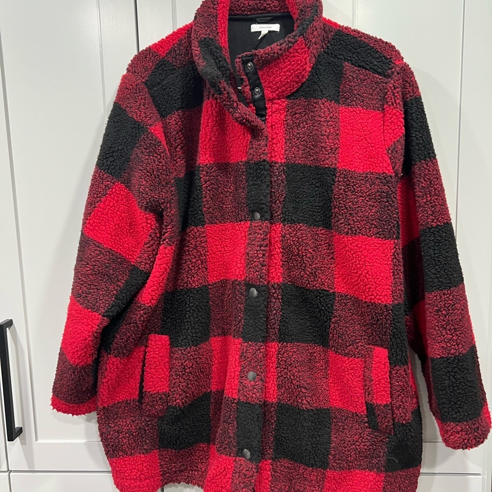 Maurices Red and Black Sherpa Jacket super cute and cozy